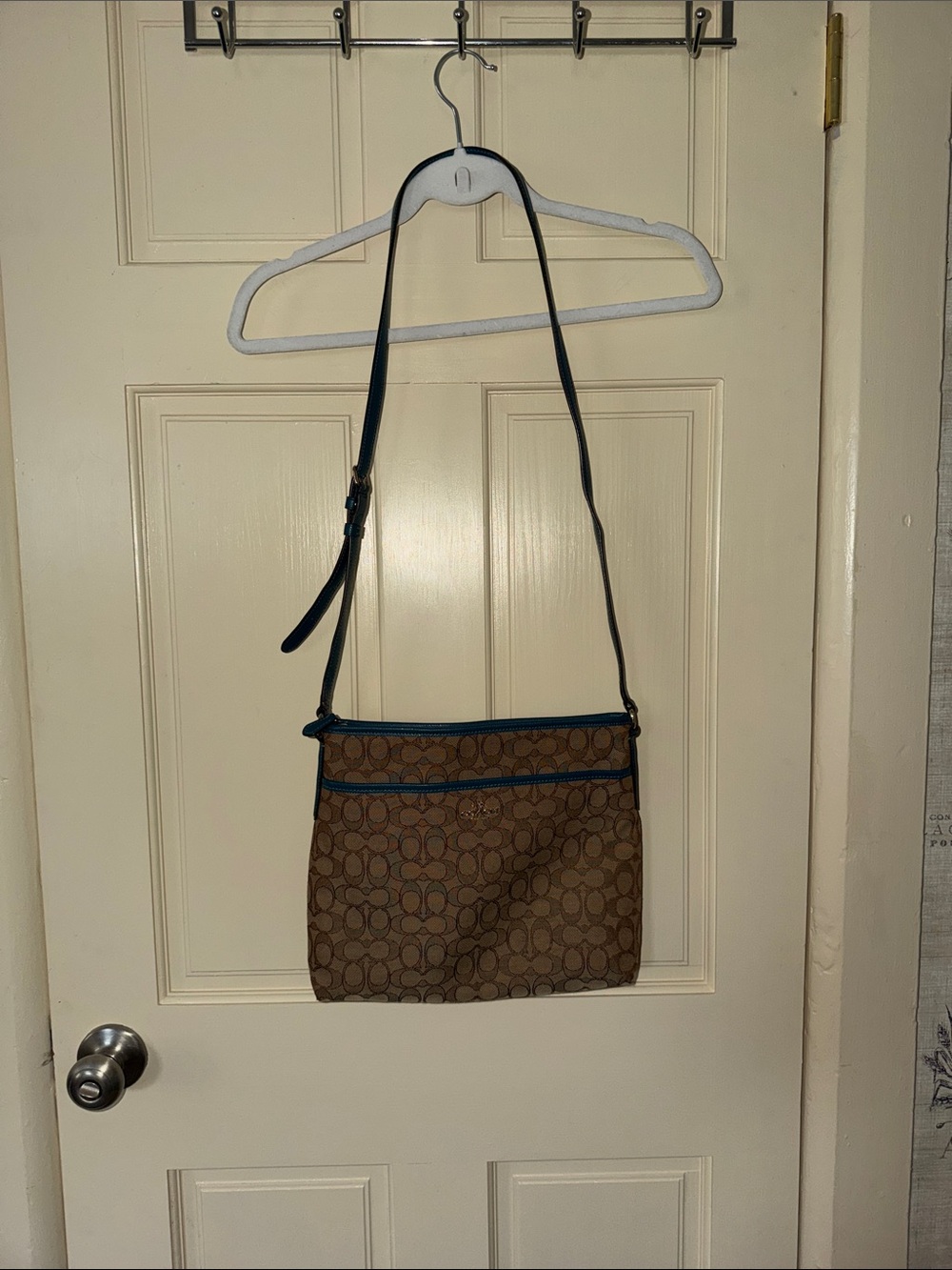 Coach Brown Signature Crossbody with Blue Trim